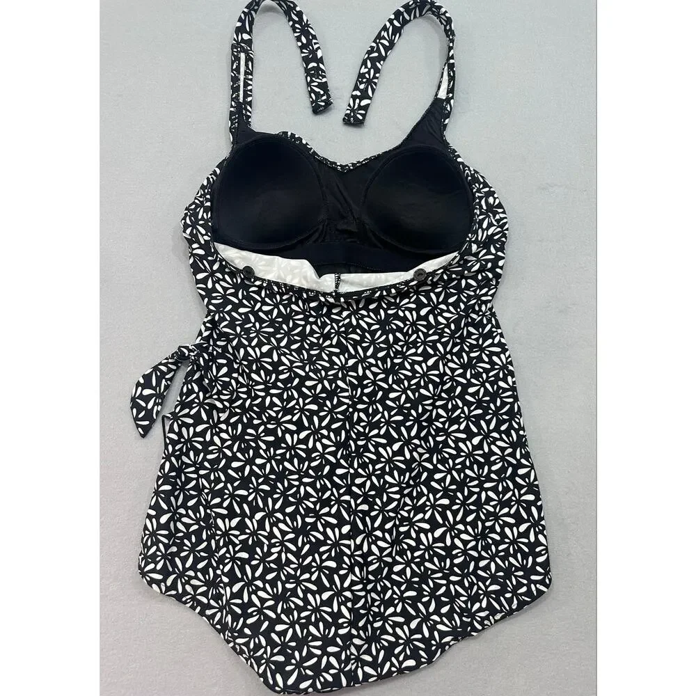 Maxine Black & White Abstract Floral Swim Dress One Piece Plus Size 16W